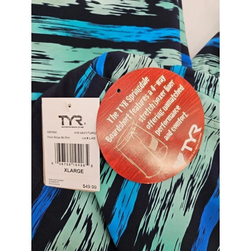 New Tyr Paint Stripe Boardshorts Mens XL Navy Turquoise Swim Trunks
